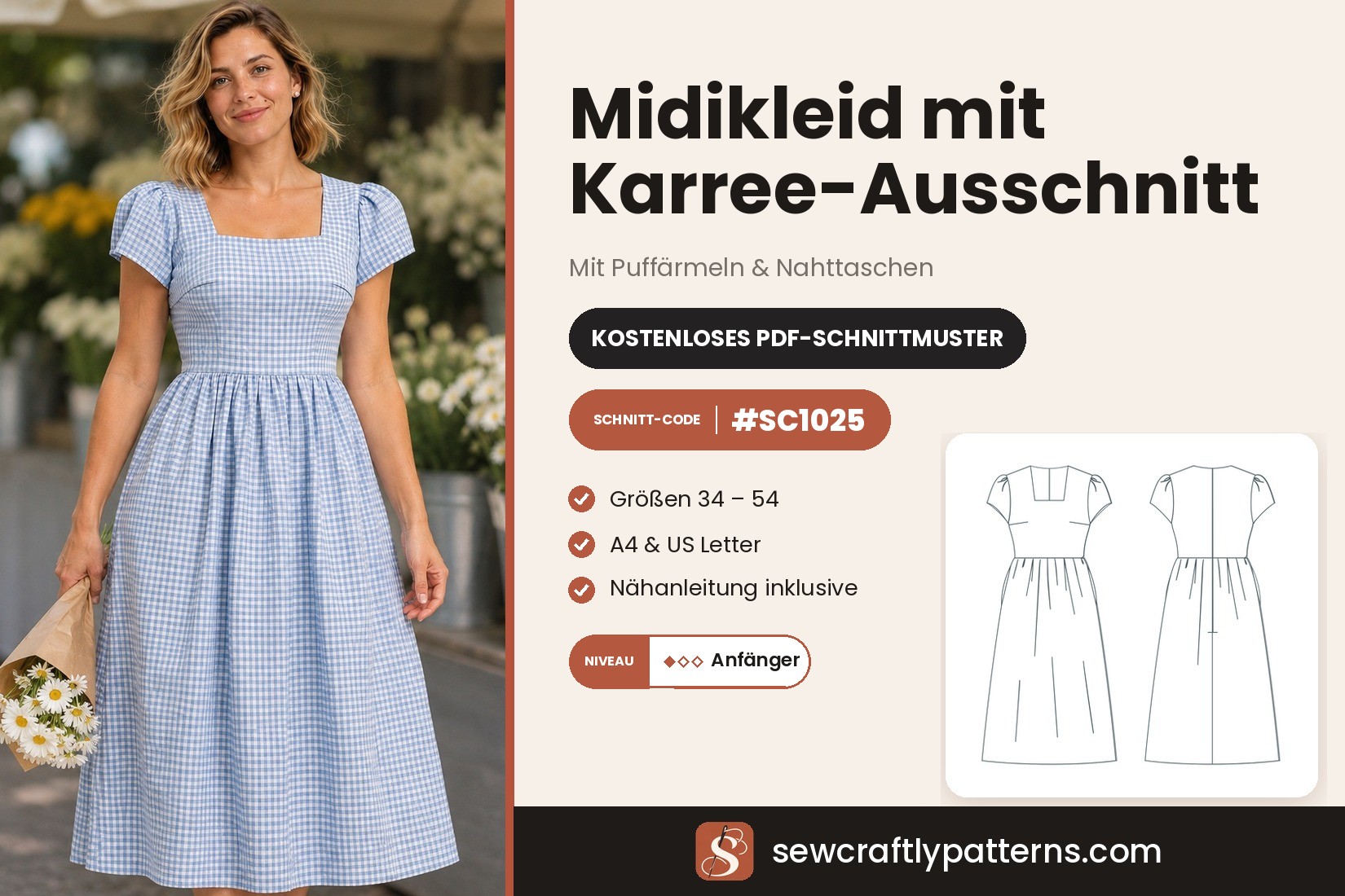 Midikleid mit Karree-Ausschnitt Schnittmuster – Kostenloses PDF