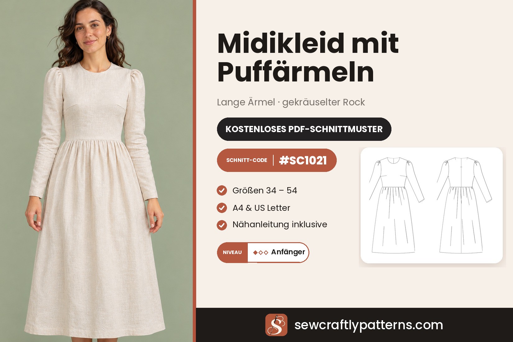 Midikleid mit Puffärmeln Schnittmuster – Kostenloses PDF