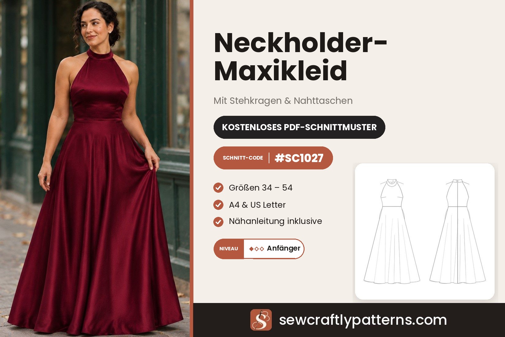 Neckholder-Maxikleid Schnittmuster – Kostenloses PDF