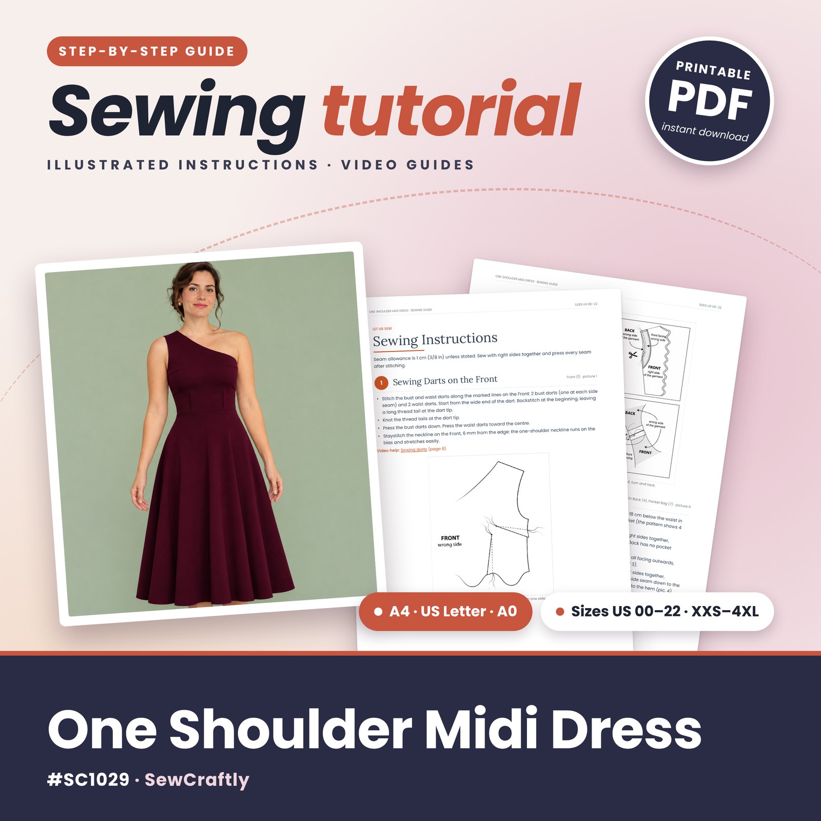 One shoulder dress printable sewing tutorial PDF with illustrated step-by-step instructions, A4, US Letter and A0 pattern files