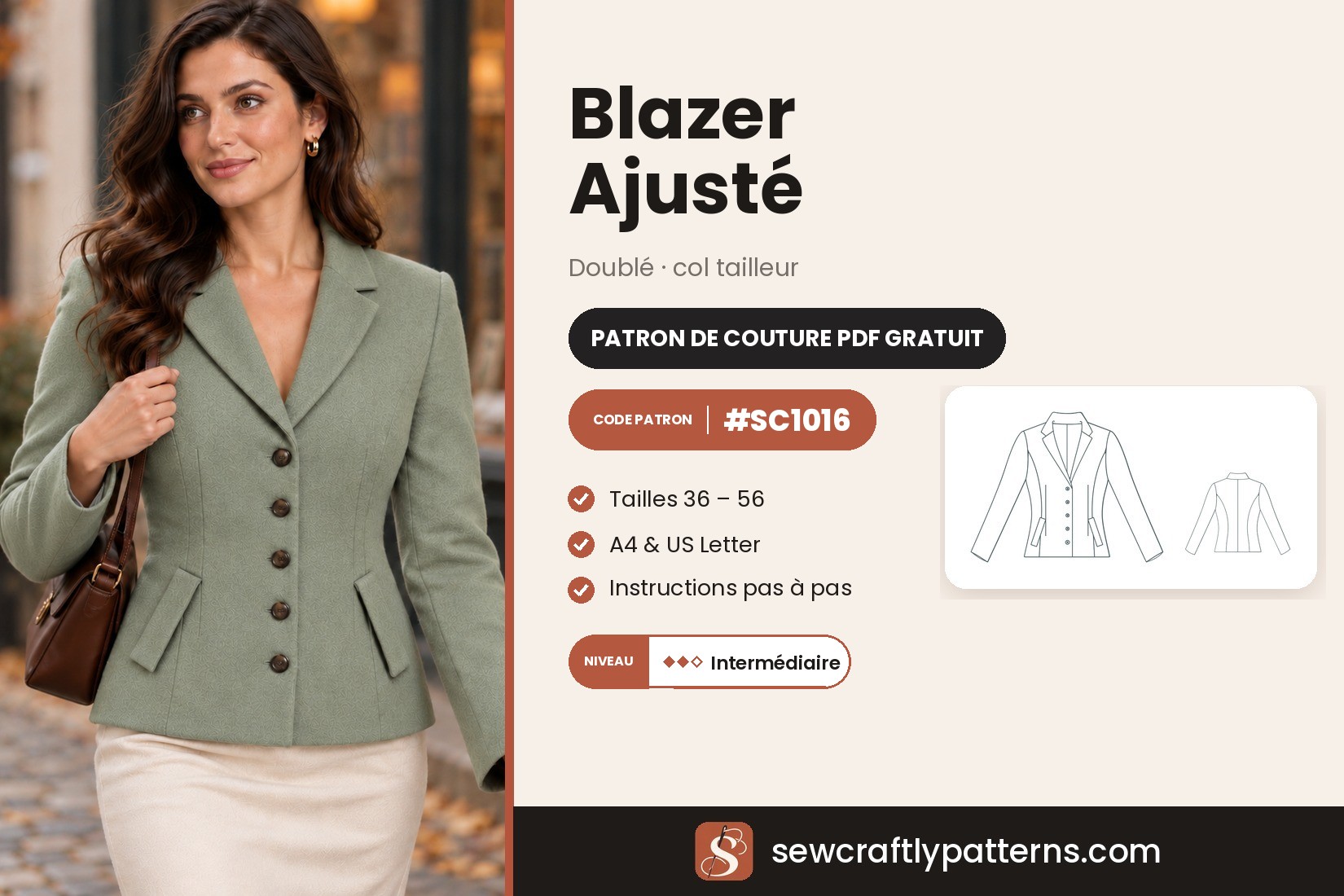 Patron de couture gratuit d'un blazer ajusté en PDF, SC1016, avec explications pas à pas, du 36 au 56
