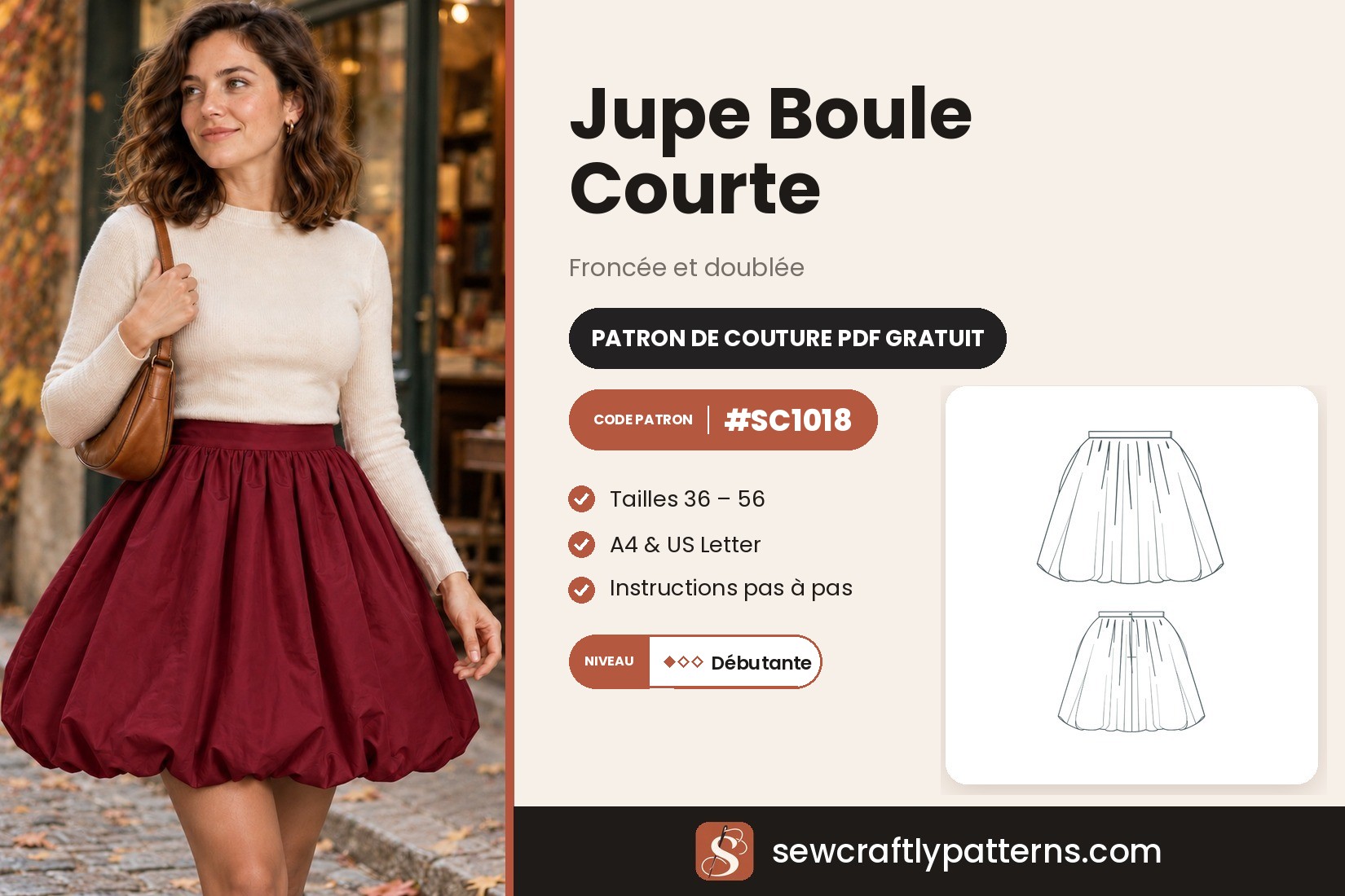 Patron de couture gratuit d'une jupe boule courte en PDF, SC1018, avec explications pas à pas, du 36 au 56