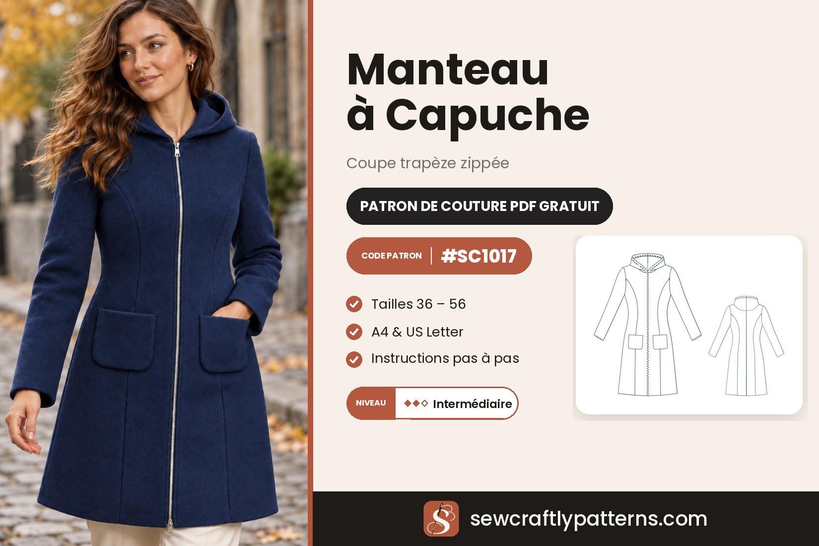 Patron de couture gratuit d'un manteau à capuche en PDF, SC1017, avec explications pas à pas, du 36 au 56
