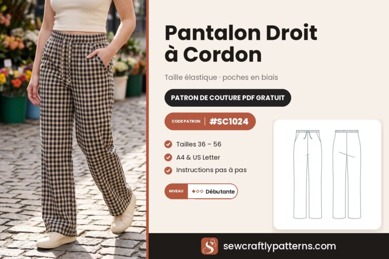 Patron de couture gratuit pantalon droit à cordon de serrage en PDF, SC1024 avec instructions pas à pas, du 36 au 56