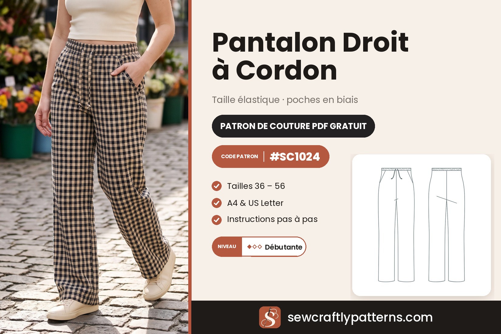 Patron de couture gratuit pantalon droit à cordon de serrage en PDF, SC1024 avec instructions pas à pas, du 36 au 56