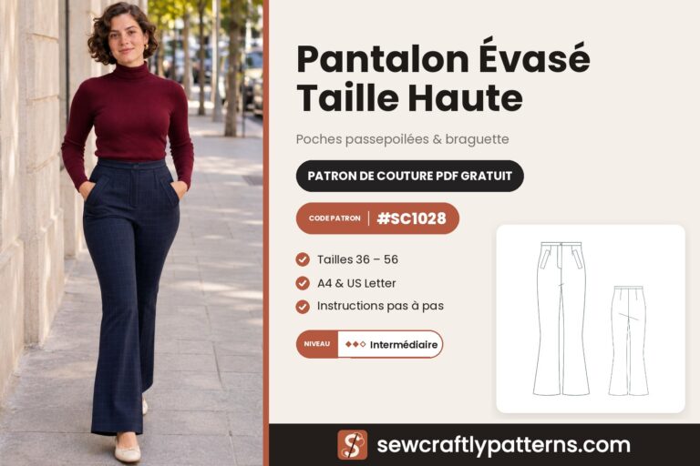 Patron de couture gratuit pantalon évasé taille haute en PDF, SC1028 avec poches passepoilées et braguette, du 36 au 56