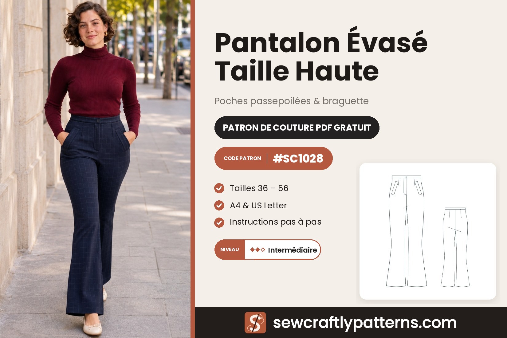 Patron de couture gratuit pantalon évasé taille haute en PDF, SC1028 avec poches passepoilées et braguette, du 36 au 56
