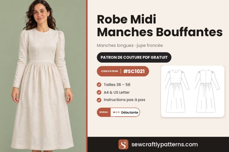 Patron robe midi manches bouffantes gratuit en PDF, SC1021