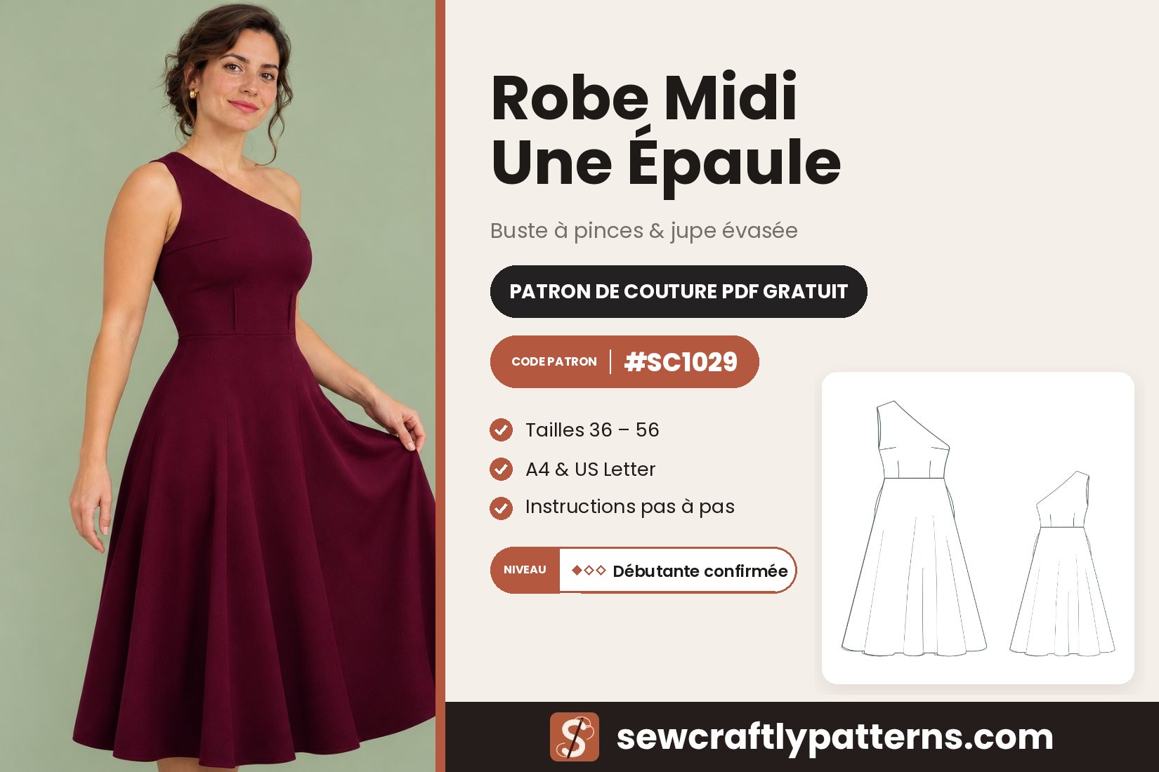 Patron de couture gratuit robe une épaule en PDF, robe midi SC1029 à pinces, jupe évasée et fermeture invisible, du 36 au 56