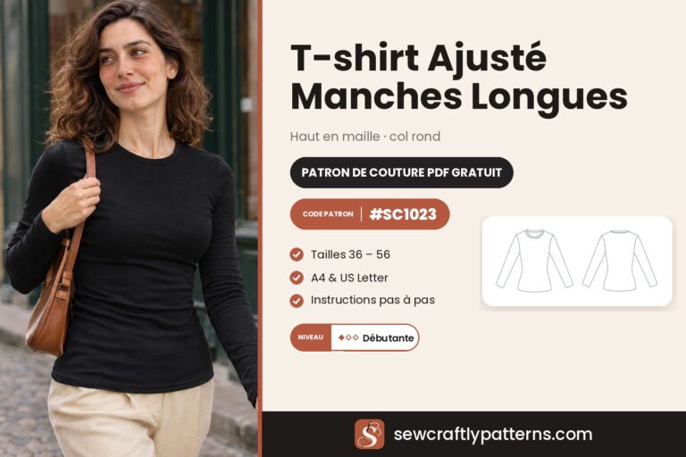 Patron de couture gratuit t-shirt ajusté manches longues en PDF, SC1023 avec instructions pas à pas, du 36 au 56