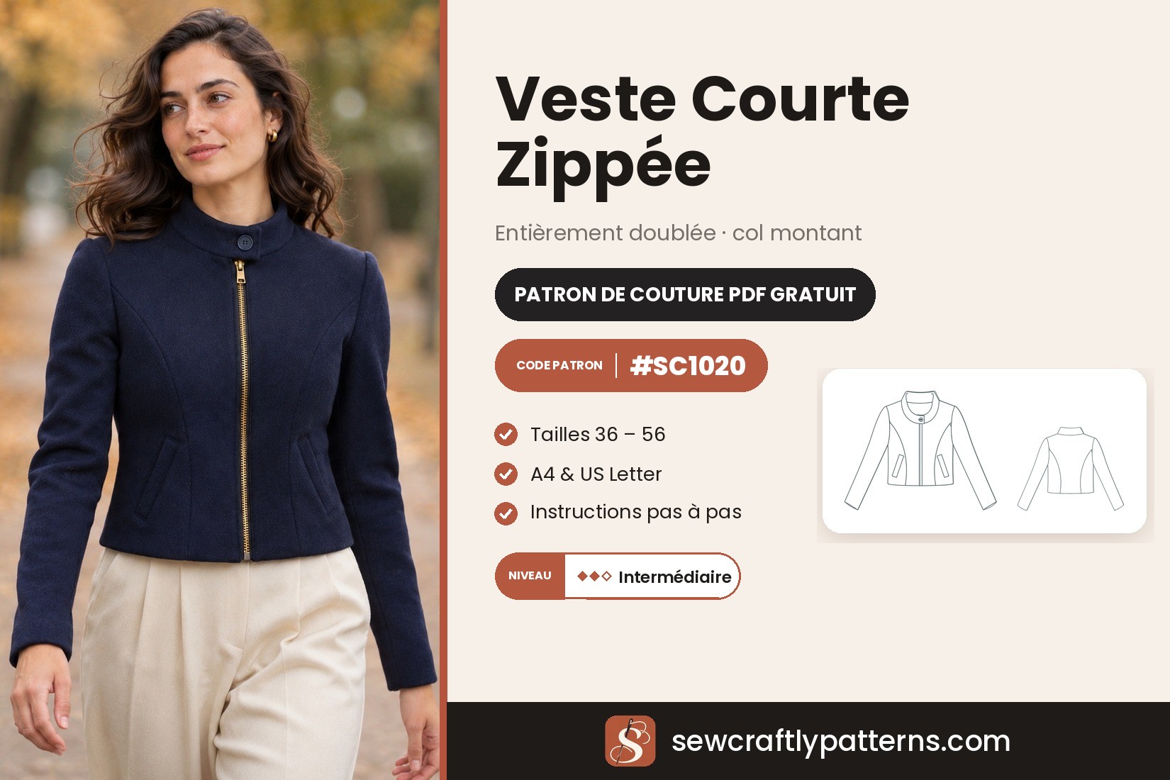 Patron veste courte zippée gratuit en PDF, SC1020