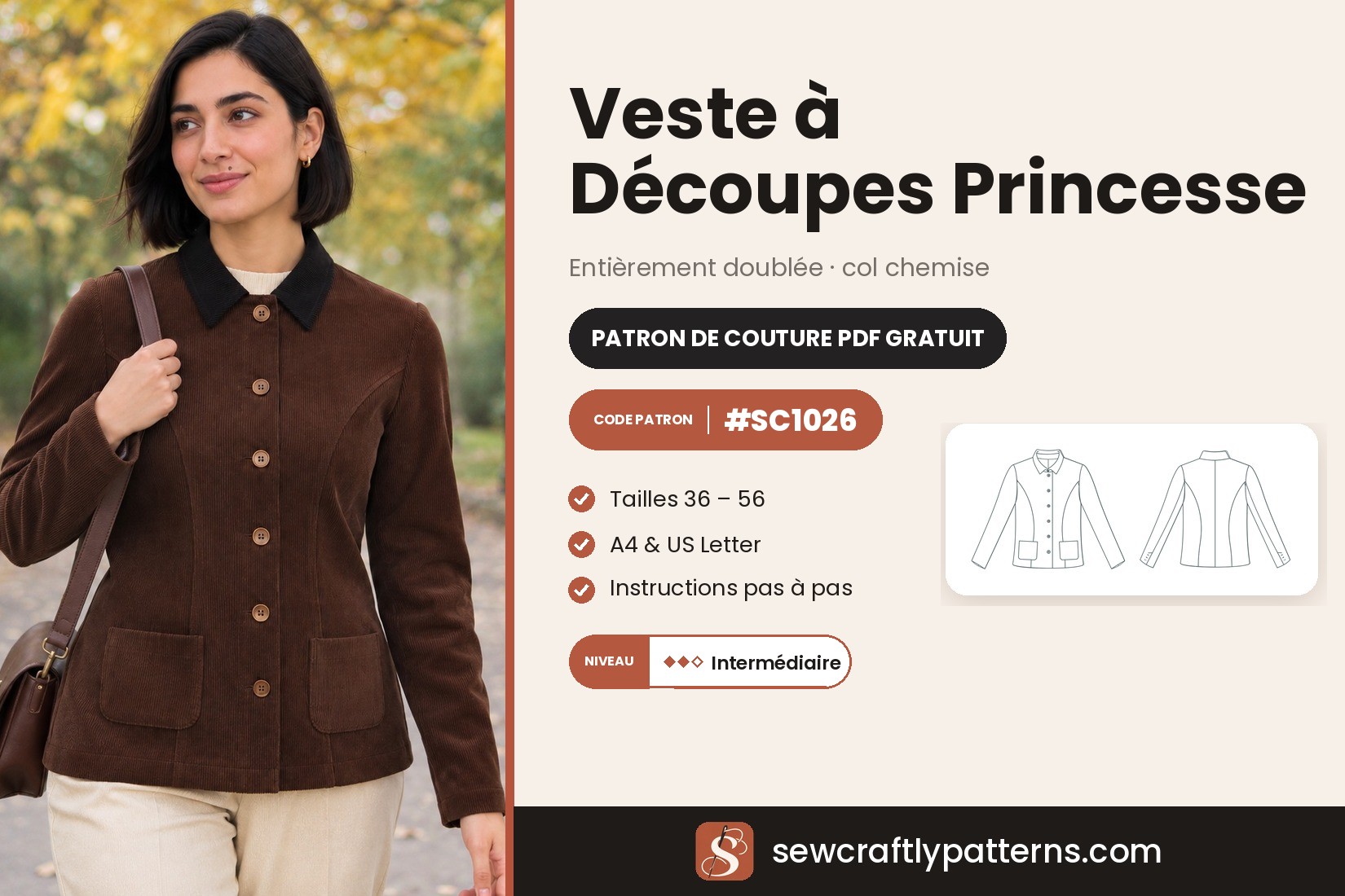 Patron de couture gratuit veste à découpes princesse en PDF, SC1026 avec instructions pas à pas, du 36 au 56