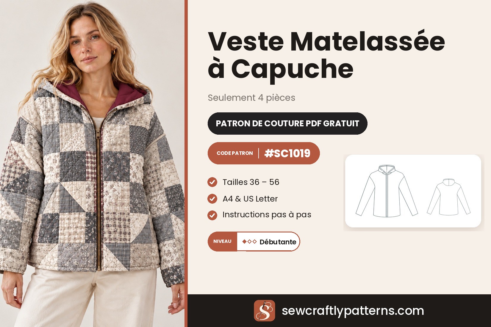 Patron veste matelassée à capuche gratuit en PDF, SC1019