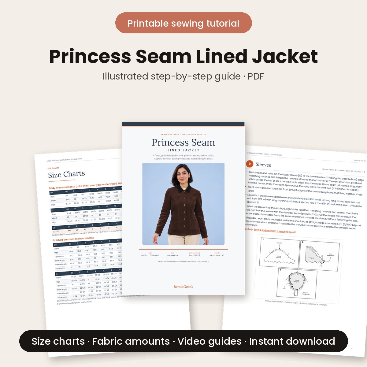Princess seam lined jacket printable sewing tutorial PDF with illustrated step-by-step instructions