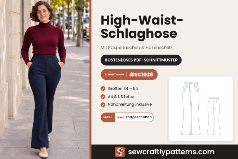 Kostenloses Schnittmuster für eine High-Waist-Schlaghose als PDF, SC1028 mit schrägen Paspeltaschen und Hosenschlitz, Gr. 34 bis 54