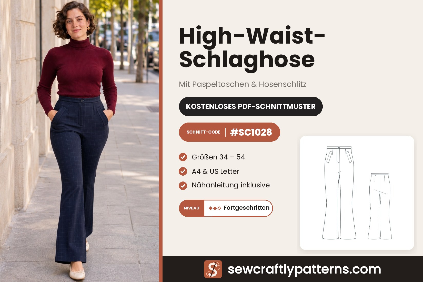 Kostenloses Schnittmuster für eine High-Waist-Schlaghose als PDF, SC1028 mit schrägen Paspeltaschen und Hosenschlitz, Gr. 34 bis 54