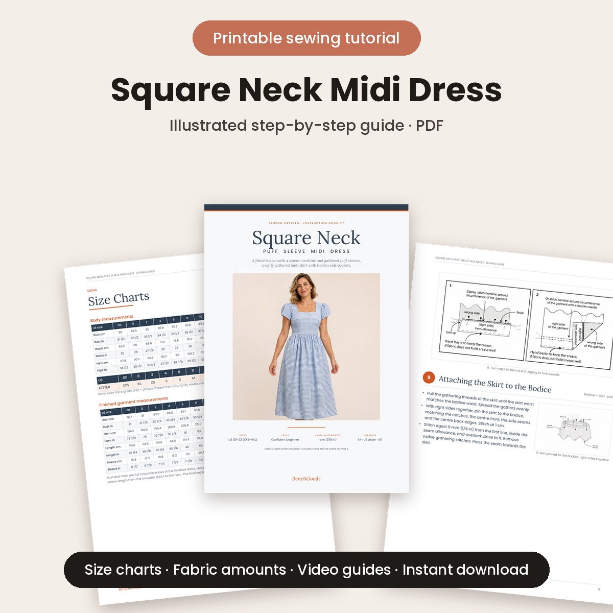 Square neck puff sleeve midi dress printable sewing tutorial PDF with illustrated step-by-step instructions