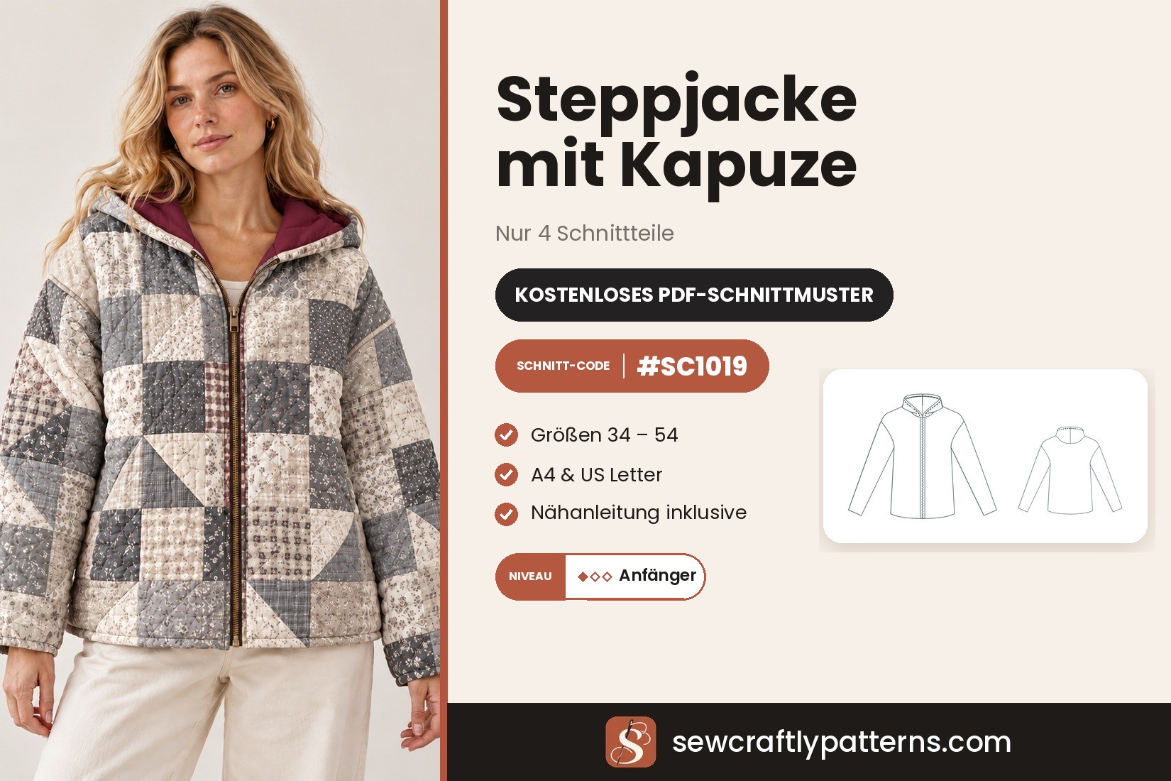 Steppjacke mit Kapuze Schnittmuster kostenlos als PDF, SC1019